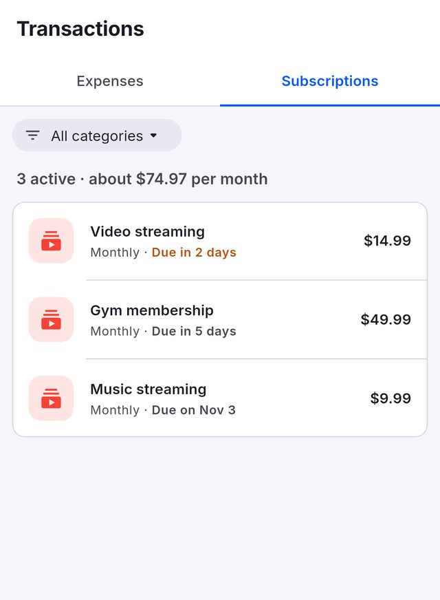 Subscriptions: three active, about $74.97 per month, with video streaming due in 2 days