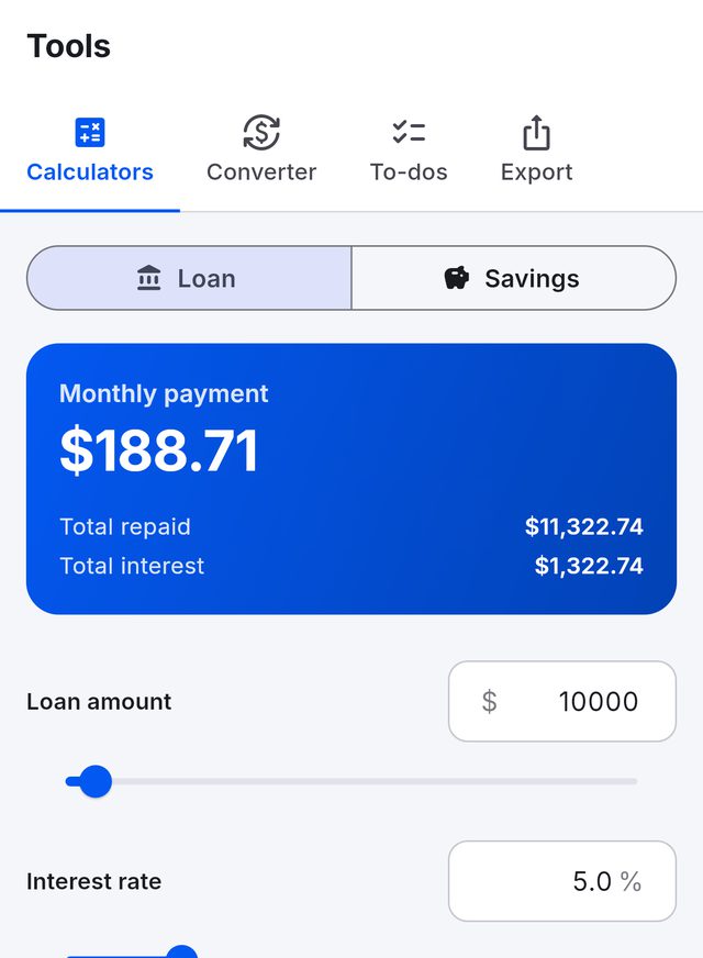 Tools: loan calculator showing the monthly payment, total repaid and total interest for a $10,000 loan at 5%