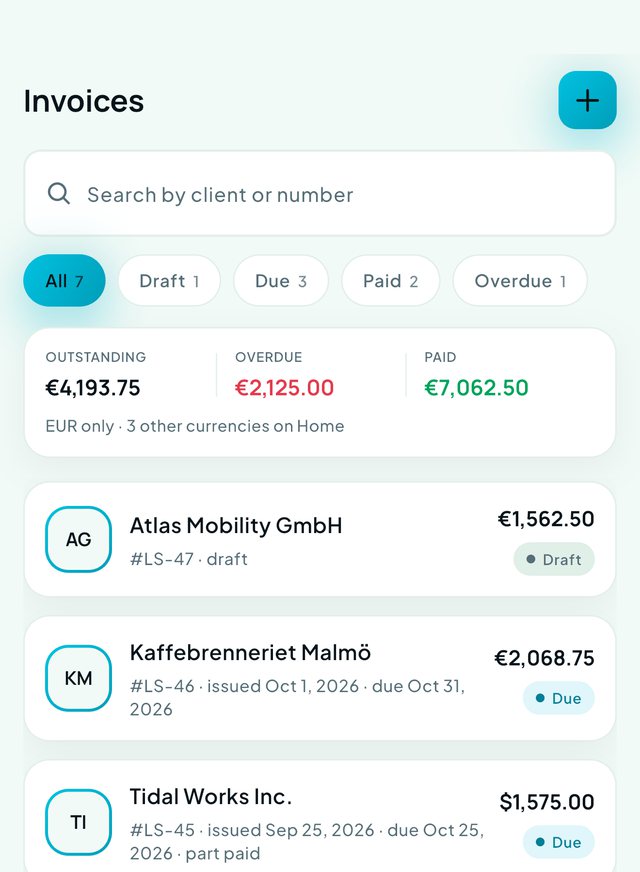 Invoices list, filterable by status, with open, overdue and paid totals