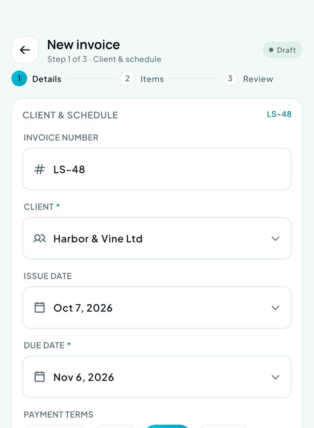 New invoice builder, step 1 of 3: client, schedule and payment terms, in the client's own currency