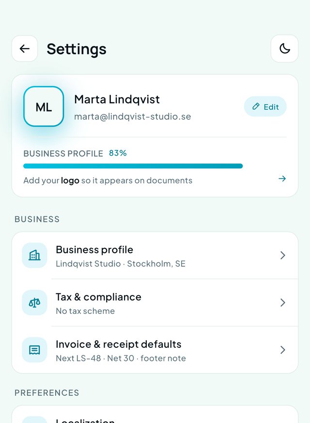 Settings screen with business profile, tax and compliance, and invoice defaults